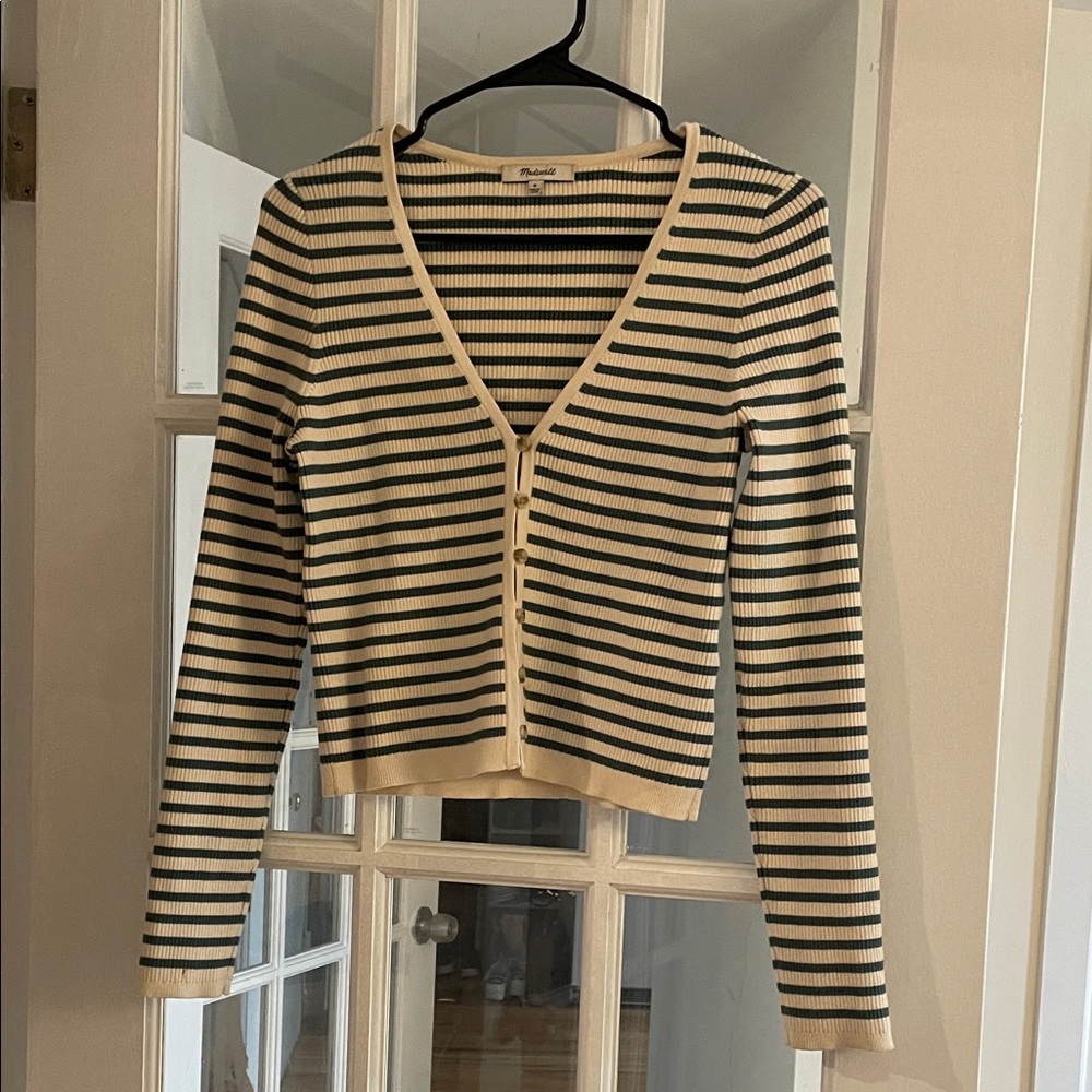 Madewell Cream and Green Striped Cardigan